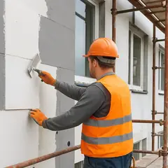 İskele üzerinde dış cepheye levha uygulayan reflektif yelekli, baretli usta